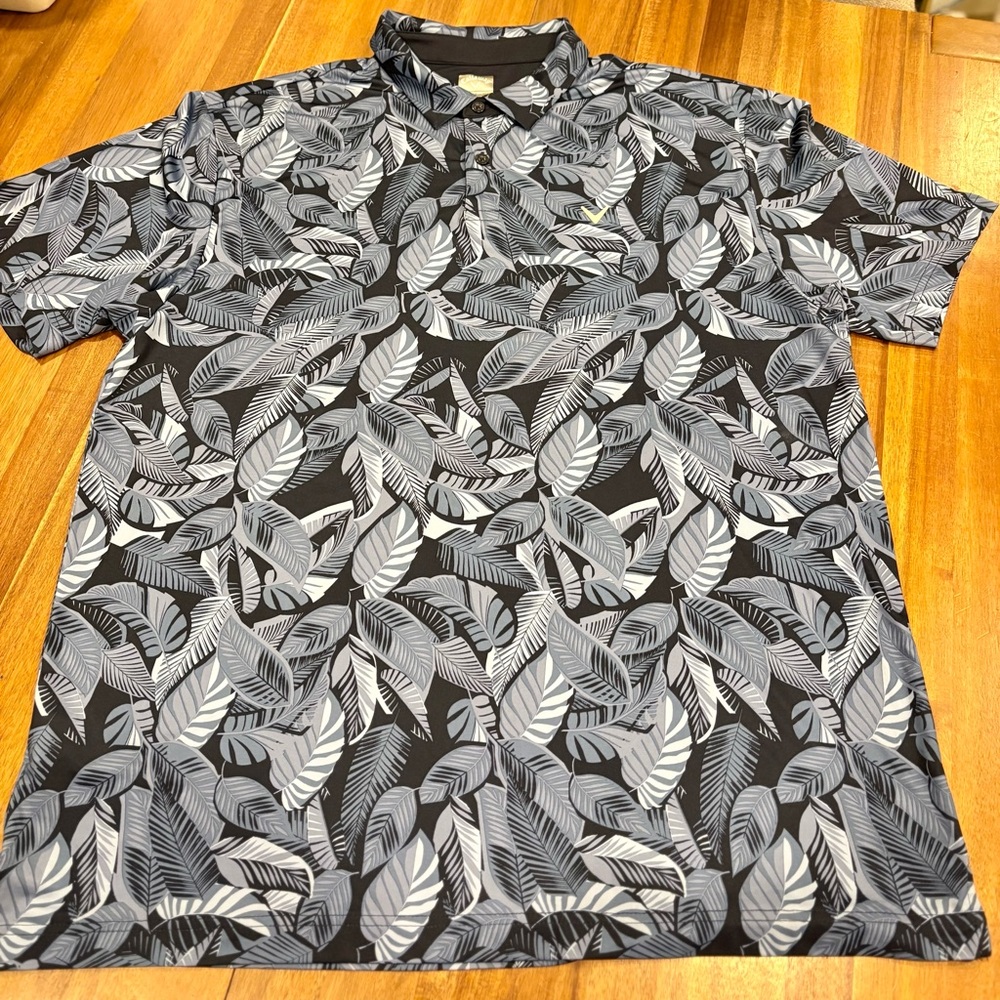Callaway Opti-Dri Black Gray Tropical Leaf Golf Polo Shirt XL
